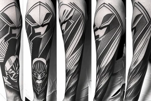 Geometric design that incorporates elements of Dragon Ball, Gundam Wing, Lord of the Rings, Star Wars, Power Rangers, Pokemon, Spider-Man, Infinity Stones for forearm tattoo tattoo idea