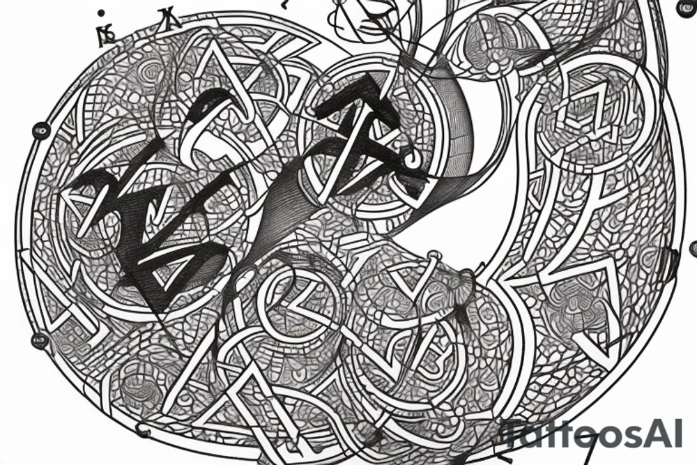 Design a tattoo that incorporates intricate shapes and line work with concealed references to math and physics. Incorporate Greek letters used as variables in equations, such as delta (Δ), sigma (Σ), and theta (θ), subtly within the design. Ensure that the design includes a single oxygen symbol (O₂) cleverly referenced within the artwork. The overall composition should be visually appealing and thought-provoking, inviting viewers to decipher the hidden mathematical and scientific elements while appreciating the aesthetics of the tattoo. tattoo idea