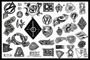 Tattoo design with shapes, lines, concealed math/physics refs, Greek letters (Δ, Σ, θ), and a single oxygen symbol (O₂). tattoo idea