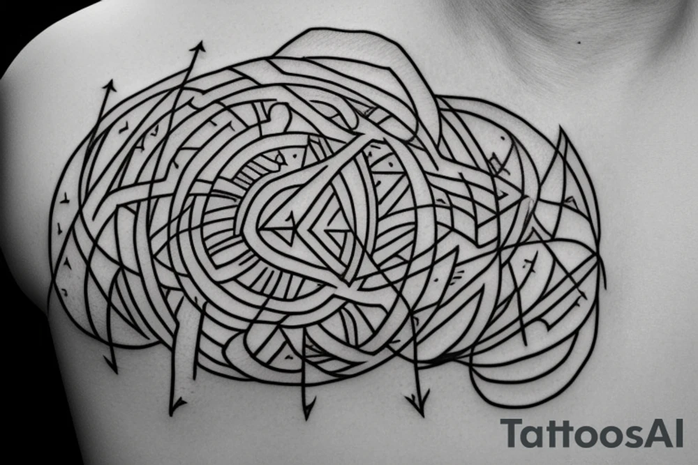 Create a tattoo design with shapes, lines, and subtle references to math and physics. Incorporate Greek letters (e.g., Δ, Σ, θ) and include a discreet representation of a single oxygen symbol (O₂) within the design. tattoo idea