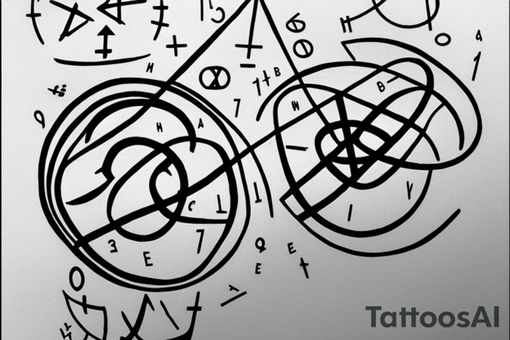 Create a tattoo design with shapes, lines, and subtle references to math and physics. Incorporate Greek letters (e.g., Δ, Σ, θ) and include a discreet representation of a single oxygen symbol (O₂) within the design. tattoo idea