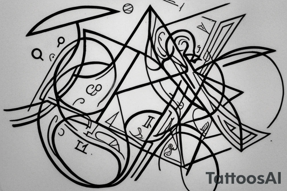 Create a tattoo design with shapes, lines, and subtle references to math and physics. Incorporate Greek letters (e.g., Δ, Σ, θ) and include a discreet representation of a single oxygen symbol (O₂) within the design. tattoo idea