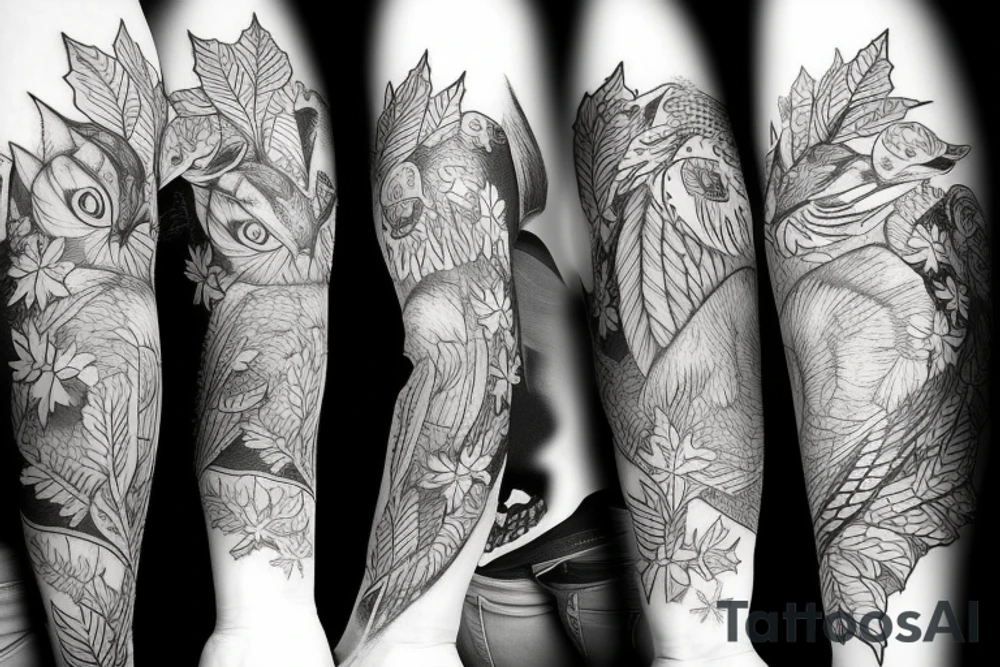 sleeve tatoo with an owl, a fox, maple leaves, ferns, a moon and a bat tattoo idea