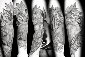 sleeve tatoo with an owl, a fox, maple leaves, ferns, a moon and a bat tattoo idea