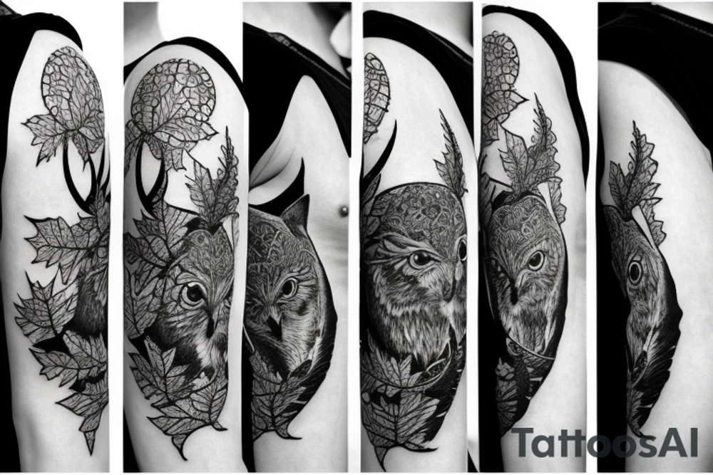sleeve tatoo with an owl, a fox, maple leaves, ferns, a moon and a bat tattoo idea