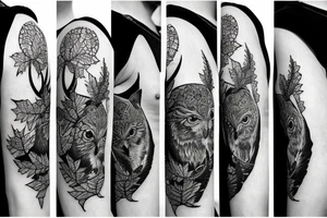 sleeve tatoo with an owl, a fox, maple leaves, ferns, a moon and a bat tattoo idea