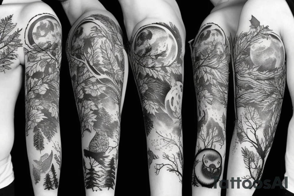 sleeve tatoo with an owl in a tree, a fox at the bottom of the tree, maple leaves, ferns, a moon behind the tree and a bat tattoo idea