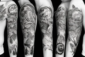sleeve tatoo with an owl in a tree, a fox at the bottom of the tree, maple leaves, ferns, a moon behind the tree and a bat tattoo idea