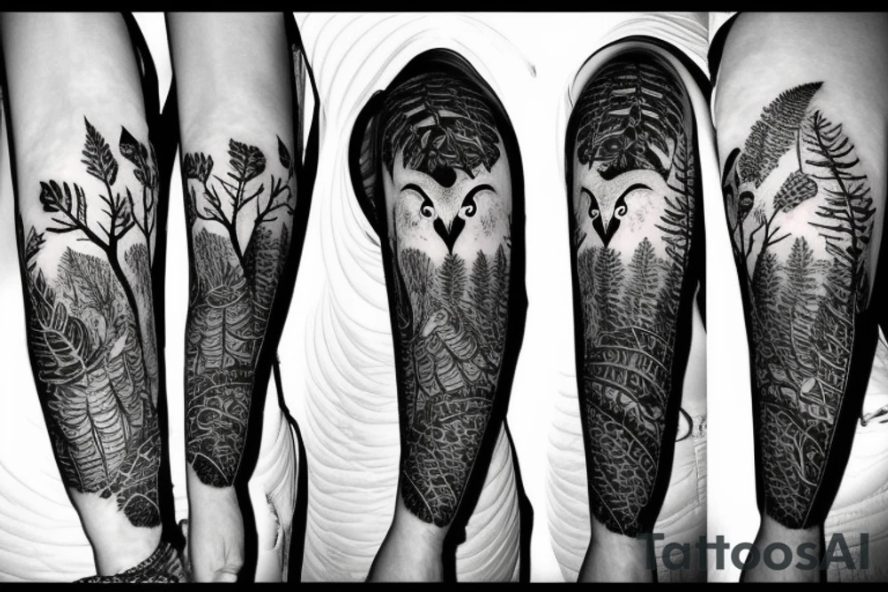 sleeve tatoo with an owl in a tree, a fox at the bottom of the tree, maple leaves, ferns, a moon behind the tree and a bat tattoo idea