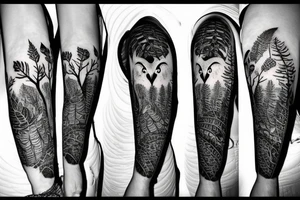 sleeve tatoo with an owl in a tree, a fox at the bottom of the tree, maple leaves, ferns, a moon behind the tree and a bat tattoo idea