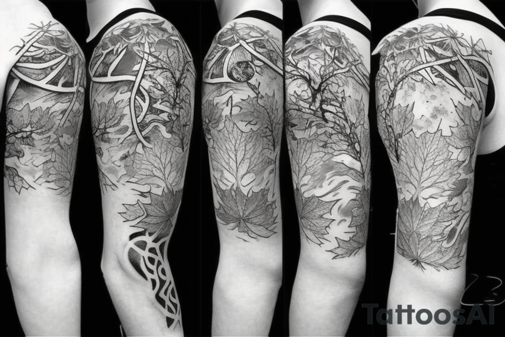 sleeve tatoo with an owl in a tree, maple leaves, ferns, and a moon behind the tree tattoo idea