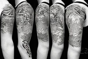 sleeve tatoo with an owl in a tree, maple leaves, ferns, and a moon behind the tree tattoo idea