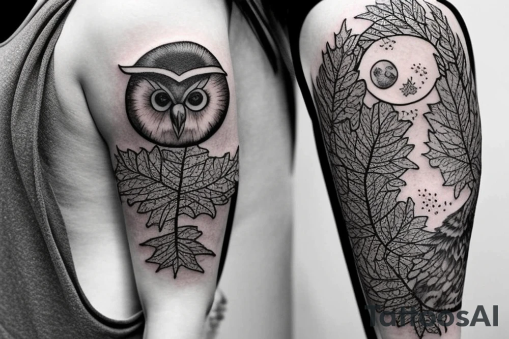 sleeve tatoo with an owl in a tree, maple leaves, ferns, and a moon behind the tree tattoo idea