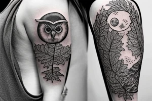 sleeve tatoo with an owl in a tree, maple leaves, ferns, and a moon behind the tree tattoo idea