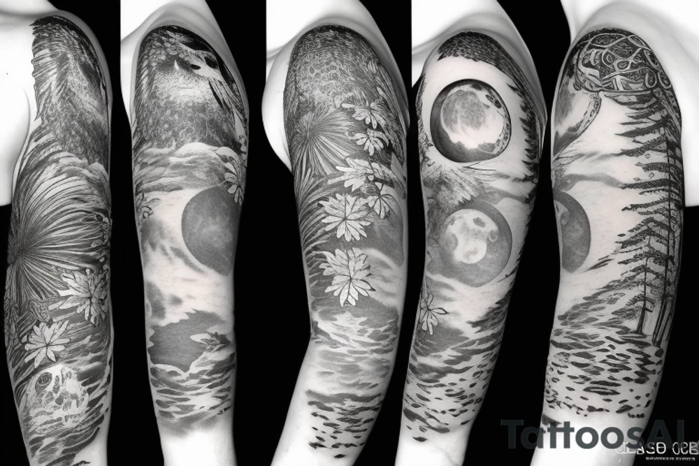sleeve tatoo with an owl in a maple tree, ferns, and a moon behind the tree tattoo idea
