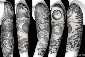 sleeve tatoo with an owl in a maple tree, ferns, and a moon behind the tree tattoo idea