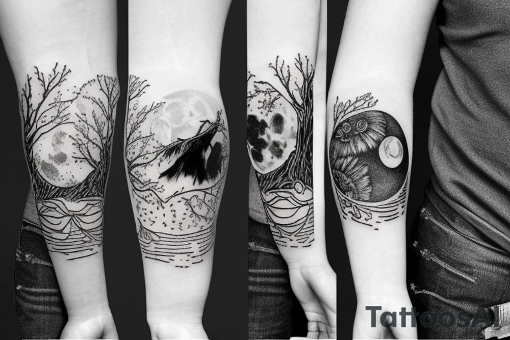sleeve tatoo with an owl in a maple tree, ferns, and a moon behind the tree tattoo idea