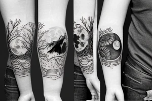 sleeve tatoo with an owl in a maple tree, ferns, and a moon behind the tree tattoo idea