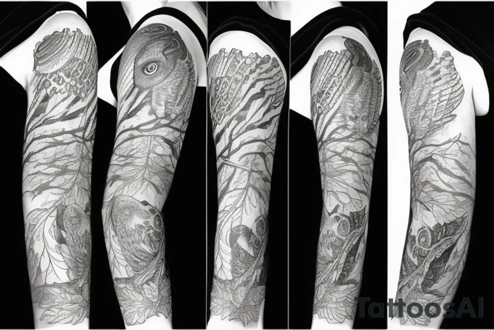 sleeve tatoo with an owl in a maple tree tattoo idea