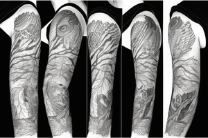 sleeve tatoo with an owl in a maple tree tattoo idea
