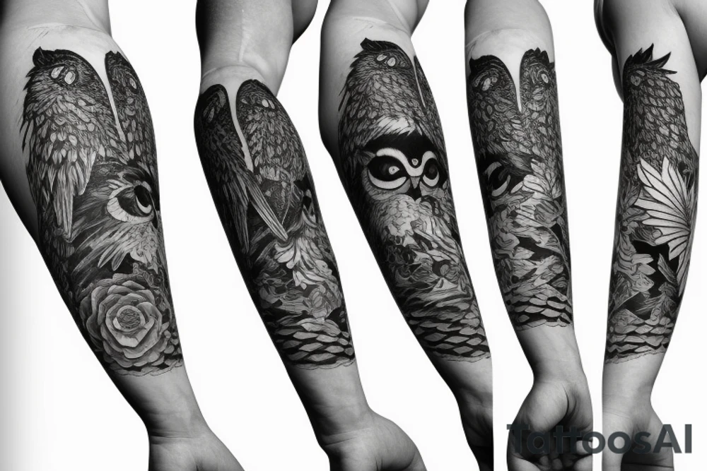 sleeve tatoo with an owl in a maple tree tattoo idea