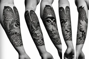 sleeve tatoo with an owl in a maple tree tattoo idea