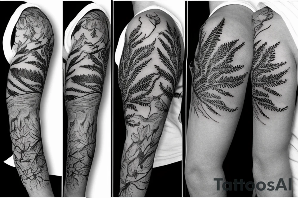 sleeve tatoo with ferns and a maple tree tattoo idea