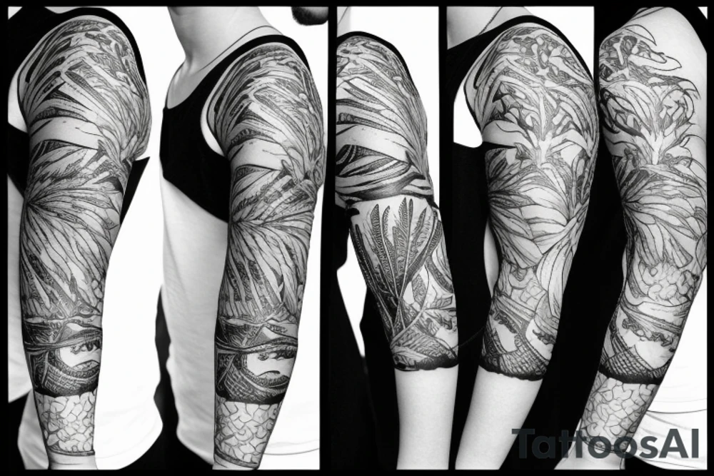 sleeve tatoo with ferns and a maple tree tattoo idea