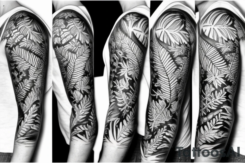 sleeve tatoo with ferns and leaves tattoo idea