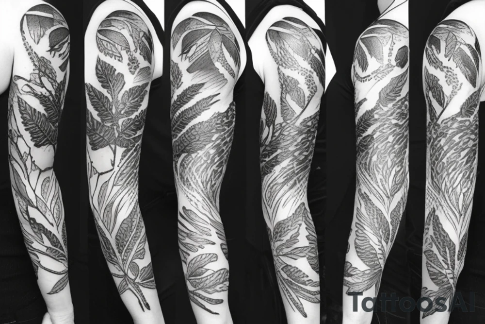 sleeve tattoo with ferns and leaves with a fox tattoo idea