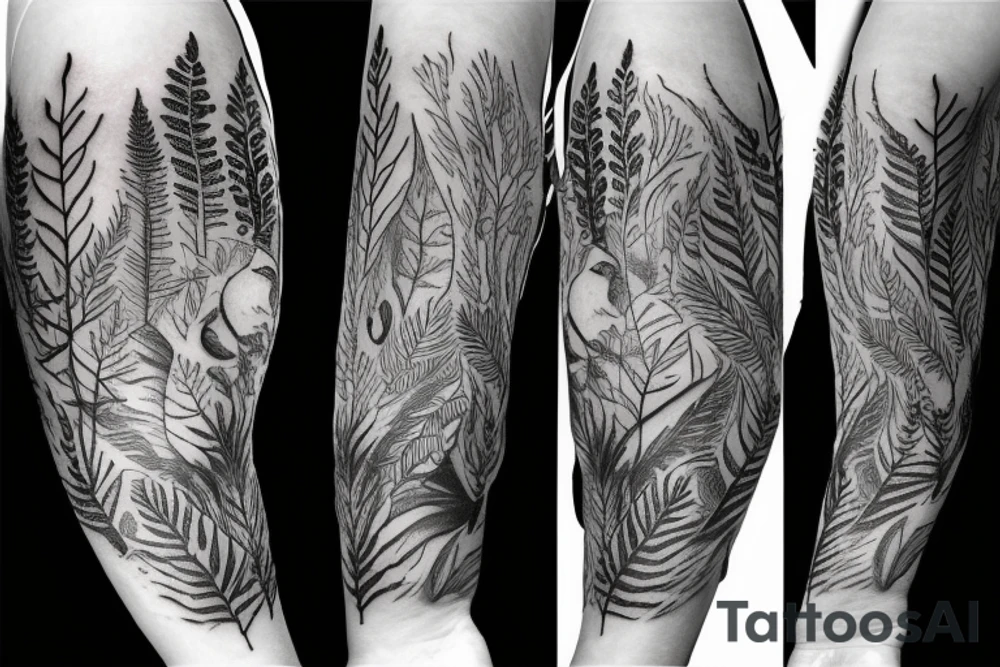sleeve tattoo with ferns and leaves with a fox tattoo idea