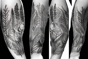 sleeve tattoo with ferns and leaves with a fox tattoo idea