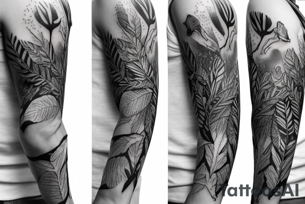sleeve tattoo with fox surrounded by ferns and leaves tattoo idea