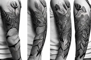sleeve tattoo with fox surrounded by ferns and leaves tattoo idea