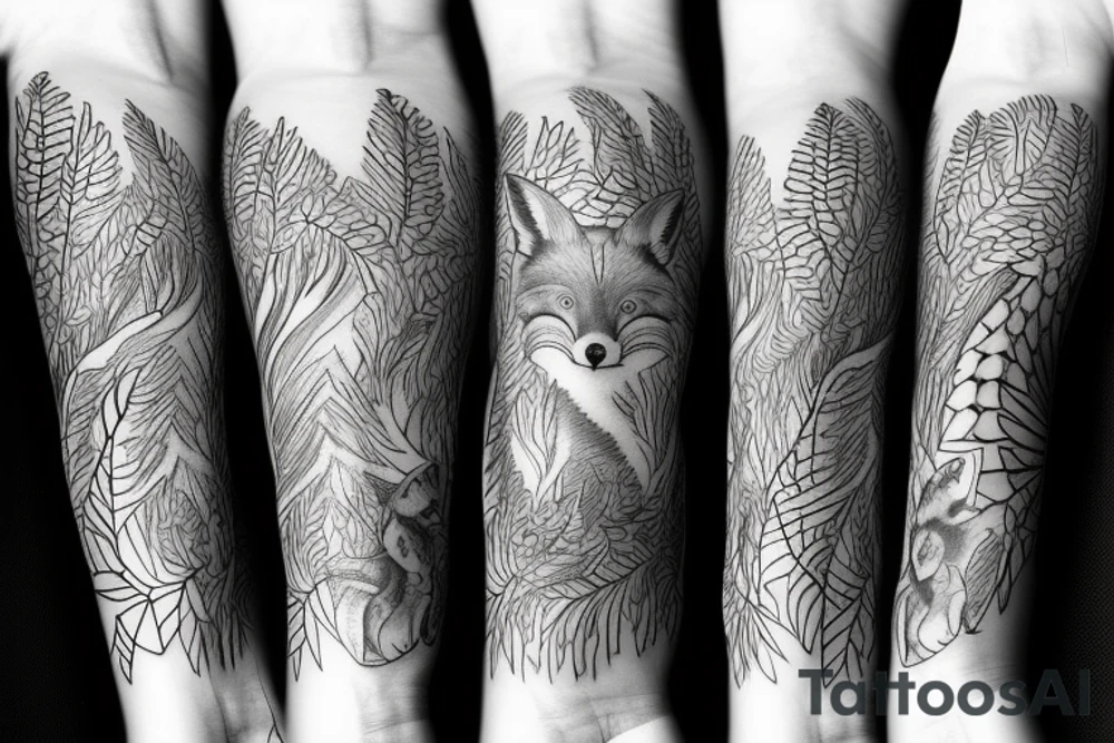 sleeve tattoo with fox surrounded by ferns and leaves tattoo idea