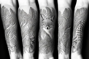 sleeve tattoo with fox surrounded by ferns and leaves tattoo idea