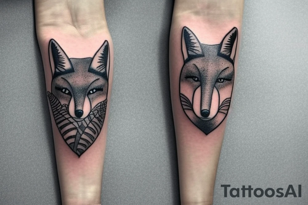 sleeve tattoo with fox surrounded by ferns and leaves tattoo idea