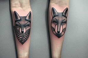 sleeve tattoo with fox surrounded by ferns and leaves tattoo idea