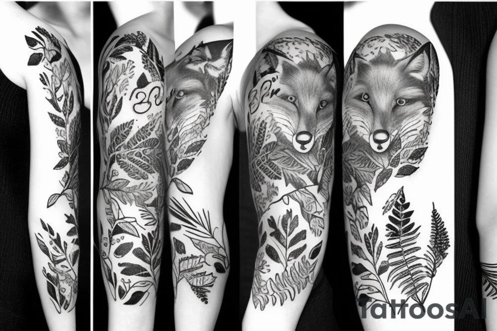 sleeve tattoo with fox surrounded by ferns and leaves tattoo idea