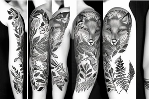 sleeve tattoo with fox surrounded by ferns and leaves tattoo idea
