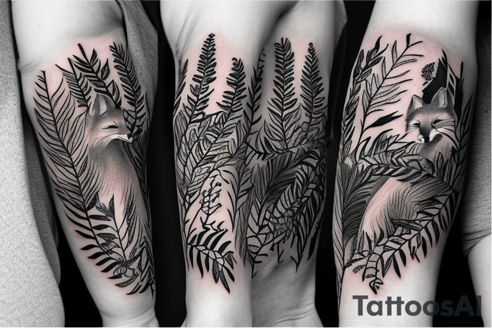sleeve tattoo with a small fox surrounded by ferns and leaves tattoo idea