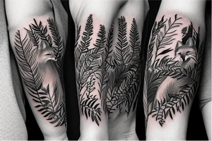 sleeve tattoo with a small fox surrounded by ferns and leaves tattoo idea