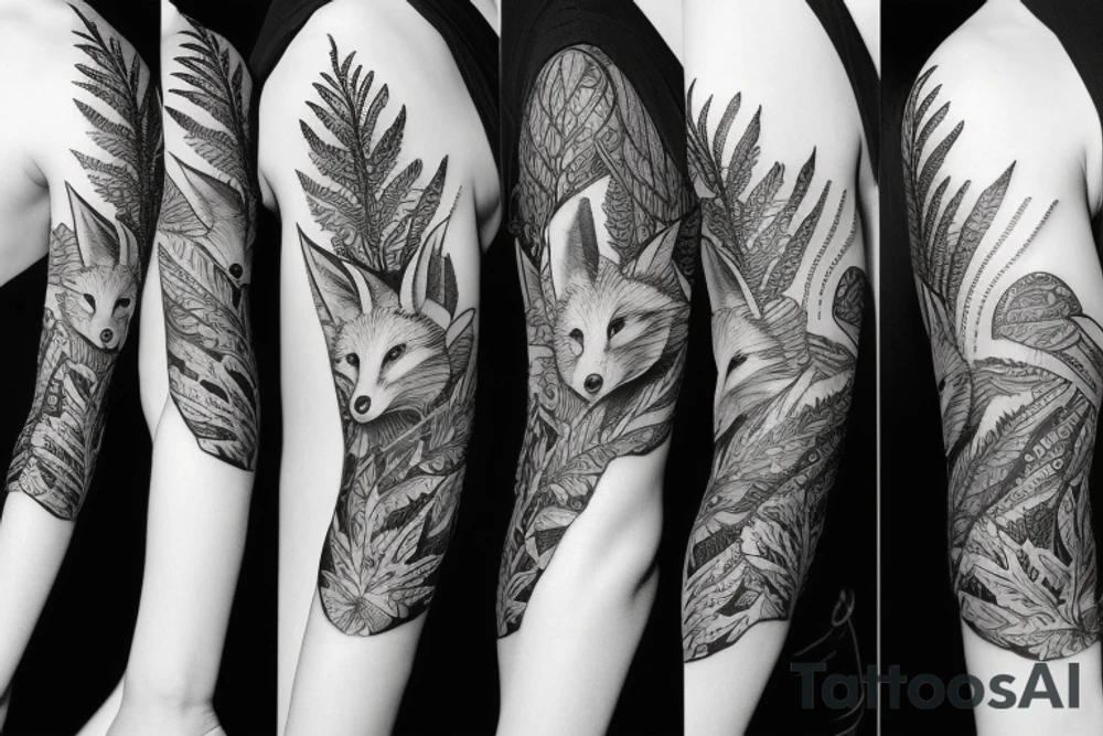 sleeve tattoo with a small fox surrounded by ferns and leaves tattoo idea