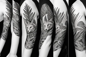 sleeve tattoo with a small fox surrounded by ferns and leaves tattoo idea