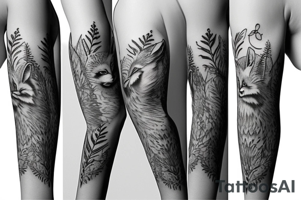 sleeve tattoo with a small fox and owl surrounded by ferns and leaves tattoo idea