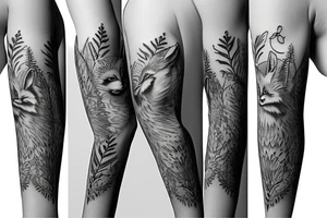 sleeve tattoo with a small fox and owl surrounded by ferns and leaves tattoo idea