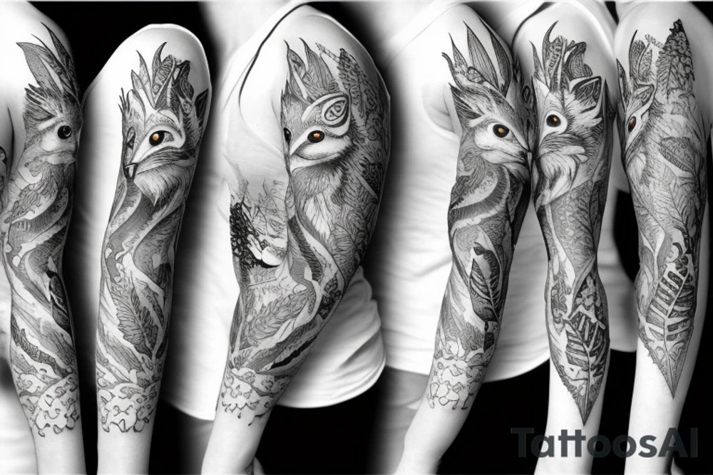sleeve tattoo with a small fox and owl surrounded by ferns and leaves tattoo idea