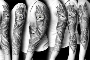 sleeve tattoo with a small fox and owl surrounded by ferns and leaves tattoo idea
