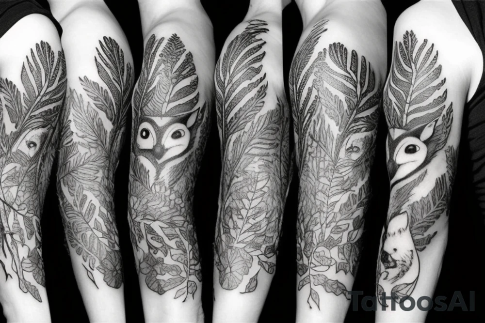 sleeve tattoo with a small fox and an
owl surrounded by ferns and leaves tattoo idea