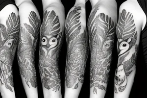 sleeve tattoo with a small fox and an 
owl surrounded by ferns and leaves tattoo idea